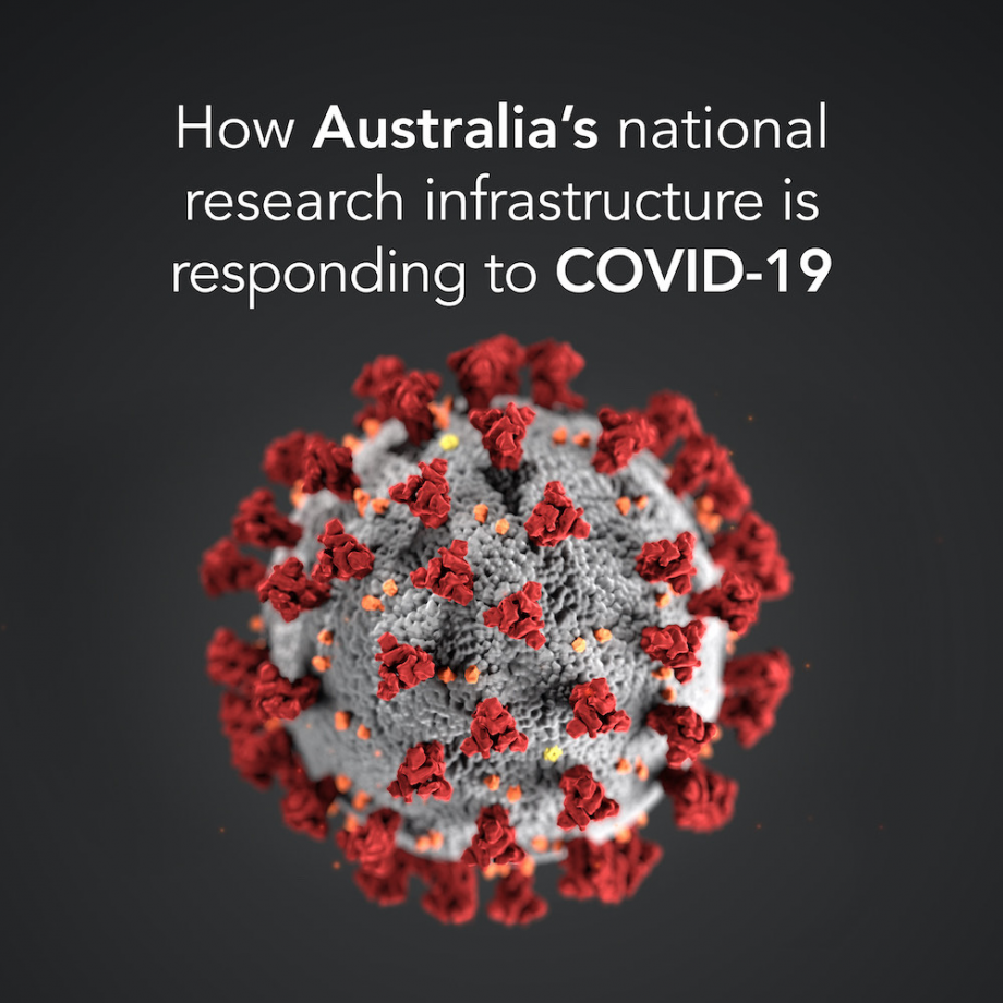 A red and grey stylised image of a coronavirus, with the words “How Australia’s national research infrastructure is responding to COVID-19” above it.