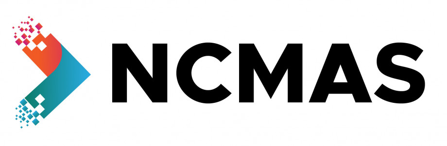 A red and blue arrow fading into small pixels on the left edges and pointing to the right towards the letters NCMAS.