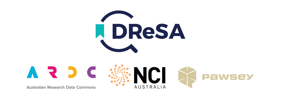Collage of four different logos. The DReSA logo is on top, and then three facility logos from ARDC, NCI Australia and Pawsey Supercomputing Research Centre are underneath.