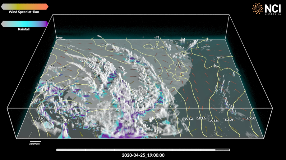 A visualisation of weather patterns over the east coast of Australia using data from the NARCliM2.0 dataset. Image by the NCI VizLab. Thank you to Dr Giovanni Di Virgilio (NSW DPE), Perry Wiles and Sarah Gilbert (ACT Government) for their input into this case study.