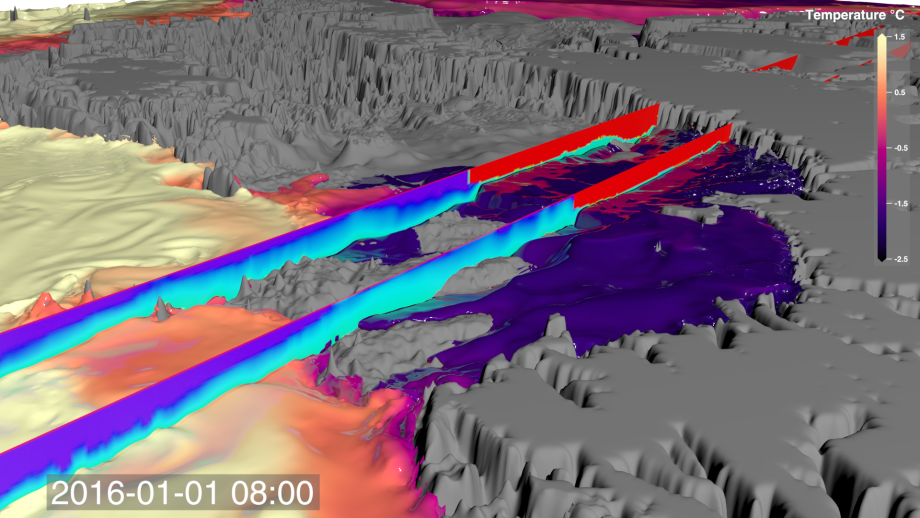 Screenshot of a visualisation of an Antarctic ocean model simulation.  An ice shelf is seen from above, in grey, and ocean water is shown in various colours indicating its temperature.