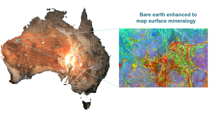 The bare earth dataset in ‘true’ colour bands red, green and blue. Right: Processed bare earth datasets highlighting the distribution of clay (red), iron oxides (green) and silica (blue).