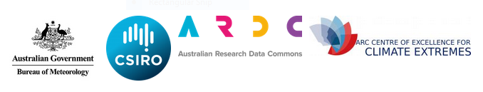 Logos of the Bureau of Meteorology, CSIRO, Australian Research Data Commons and Centre of Excellence for Climate Extremes.