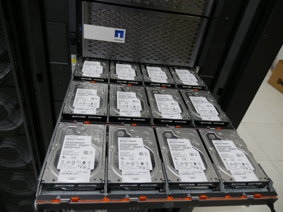 A tray with 12 hard drives installed in a flat configuration.