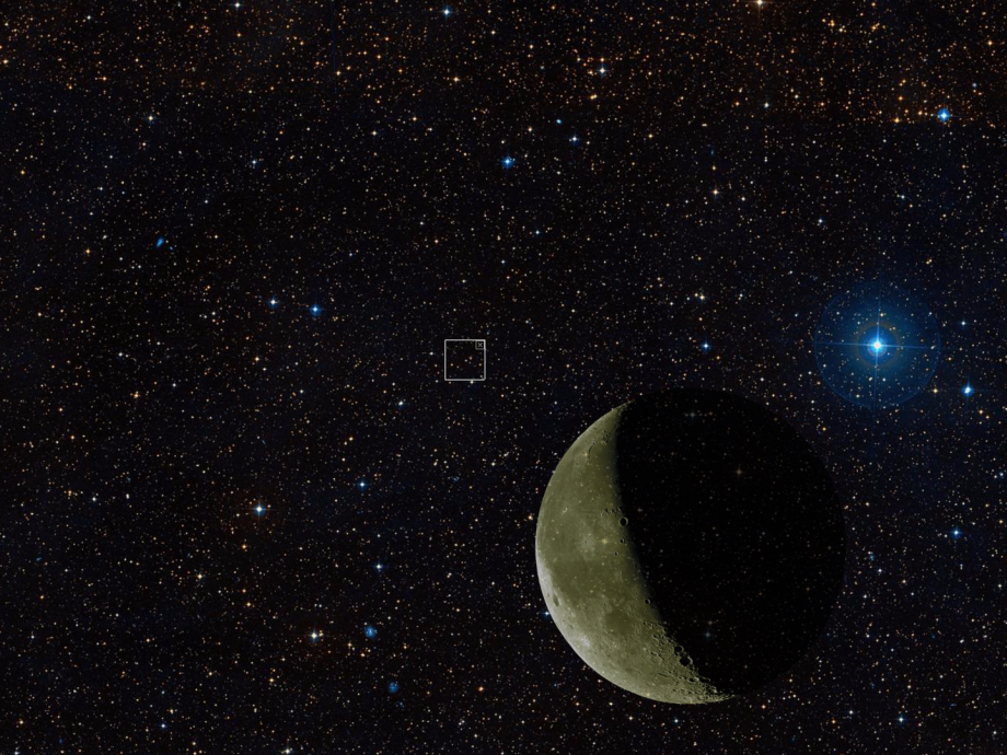 A composite picture showing a field of uncountable stars of various colours and brightness, with a small square showing the location of the black hole, and a large superimposed image of the moon for scale.