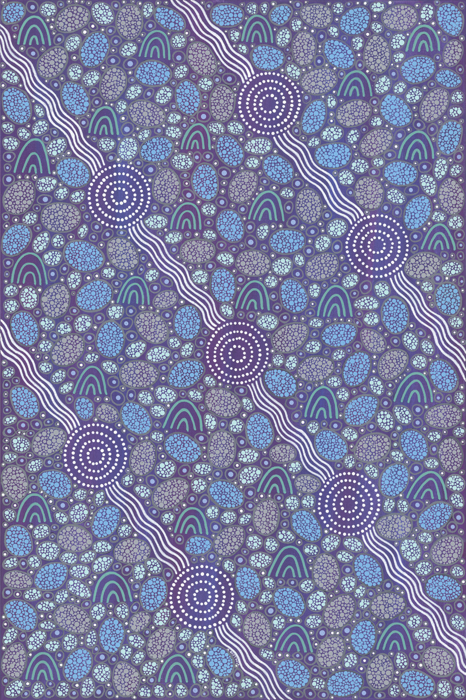 This artwork shows lines of communication, meeting at gathering places represented by the circular features. The arch shapes represent scientific communities researching in the Nirin cloud surrounded by data.