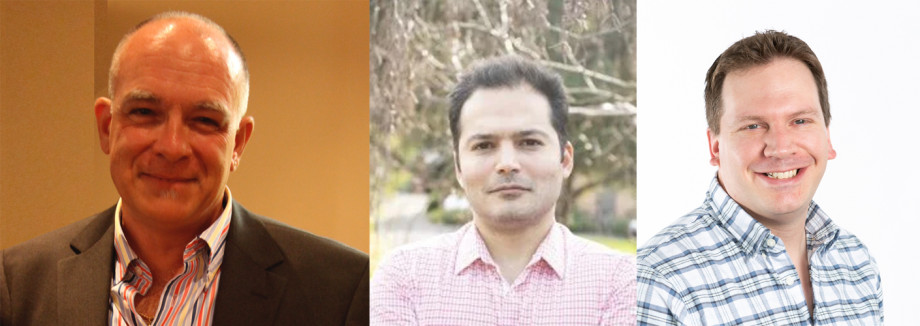 A collage of three portrait photos of men smiling at the camera. From left to right there is Julio Soria, Shahram Karami and Callum Atkinson.