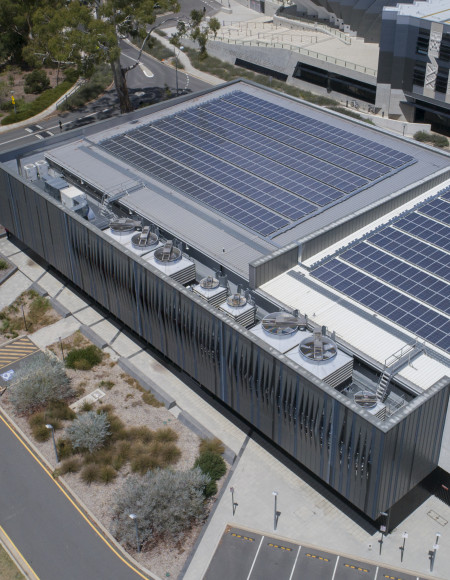 Overhead view of the NCI building showing the entire roof covered in solar panels.