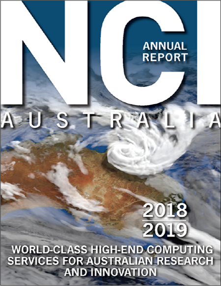 NCI Australia 2018-19 Annual Report cover with clouds over Australia as background image.
