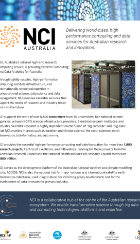 Screenshot of a promotional flyer about NCI, with a big NCI logo and image of a supercomputer.