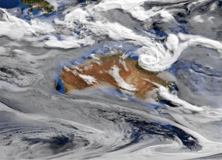 A graphical representation of clouds circling over Australia, taken from a still image of a scientific visualisation.