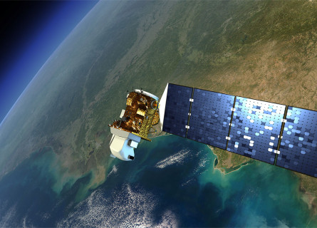 A Landsat satellite hovers the world.