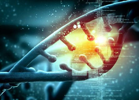 A stylised DNA helix with binary code superimposed on top of it.