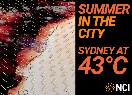 Youtube video thumbnail with a still image from a visualisation showing extremely high temperatures over Sydney, and the words Summer in the City, Sydney 43 degrees on the right.