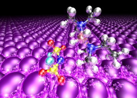 A visualisation of molecules, shown as reflective balls and sticks in silver, yellow, red and green, above a large expanse of purple atoms.