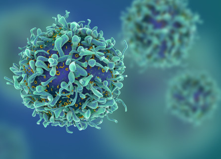 A close-up view of a blue and green cancer cell, in front of a blue and green background. Additional cancer cells are out-of-focus.   