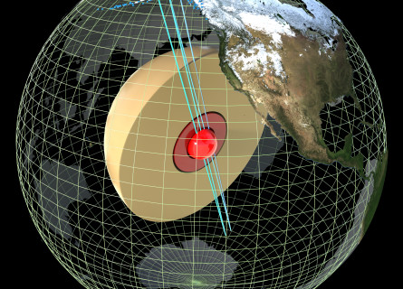 Transparent Earth with green gridlines. Hemispheres indicating Earth layers with blue lines crossing the Earth through the innermost layer.