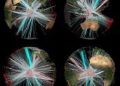 Four views of the Earth showing earthquake paths into and through the inner core.