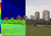 An image of buildings behind a field, with half of it superimposed with an infrared view of the temperature of each object.