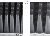Two images of tightly packed vertically arranged flat-top cone shaped structures.