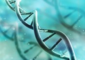 A graphical representation of a twirling DNA helix over a blurry green background.
