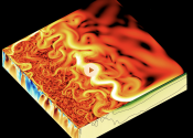 A visualisation of ocean currents showing rapidly swirling streams in yellow, red and black.