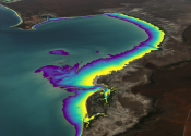 Tidal flats of Roebuck Bay on the coast of the Kimberley region of Western Australia, visualised using Geoscience Australia's intertidal elevation data.