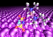 A visualisation of molecules, shown as reflective balls and sticks in silver, yellow, red and green, above a large expanse of purple atoms.