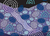 Indigenous Australian painting in the centre of the cover of the NCI Annual Report 2021-2022. The tagline says "Supercomputing and Big Data Leadership for Australian Innovation".  