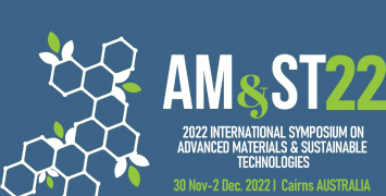 Logo for AM&ST 22 Symposium, white words saying "2022 International Symposium on Advanced Materials and Sustainable Technologies". There is a white grid of hexagons on the left with leaves growing off it.